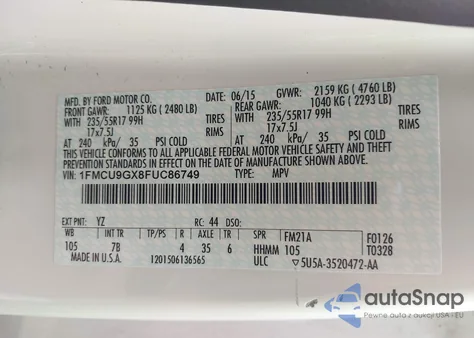 2015 Ford Escape Se z USA, uszkodzony, nr VIN 1FMCU9GX8FUC86749